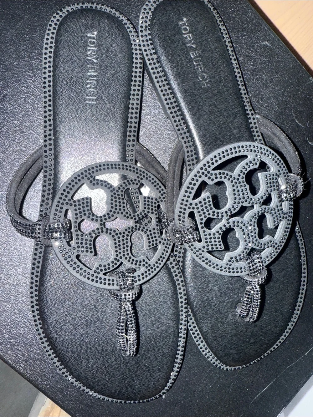 Tory Burch Black Logo Cutout Thong Sandals